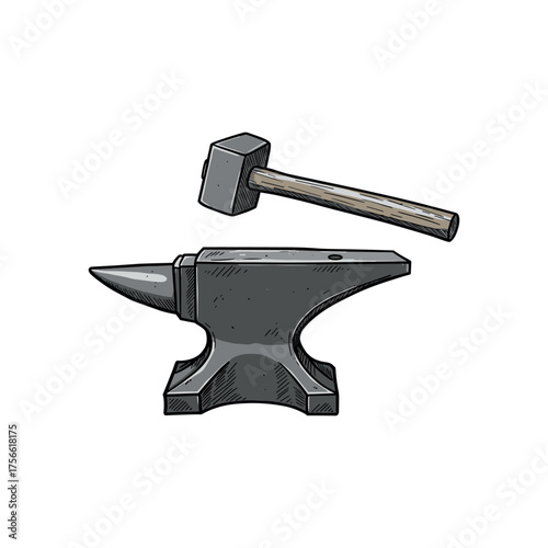 A detailed illustration of a blacksmith's anvil and hammer, showcasing essential tools for metalwork and craftsmanship. Vector illustration