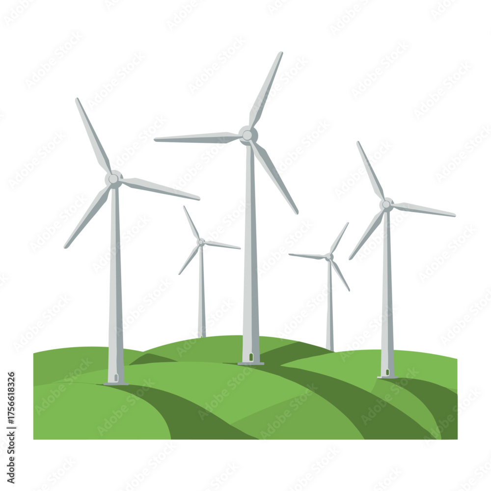 Fototapeta premium Row of large wind turbines standing on rolling green hills, symbolizing renewable energy and environmental sustainability. Vector illustration