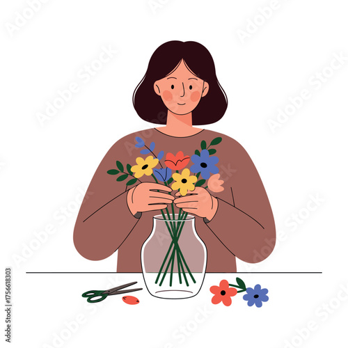 Smiling caucasian female arranging colorful flowers in a clear vase, with scissors and fallen petals on the table. Vector illustration