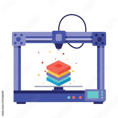 A modern 3d printer creating a colorful layered object with precision, showcasing advanced technology in additive manufacturing. Vector illustration