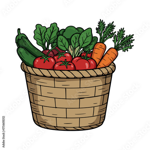 Wicker basket filled with fresh vegetables including tomatoes, carrots, cucumbers, and leafy greens, showcasing a healthy and organic harvest. Vector illustration