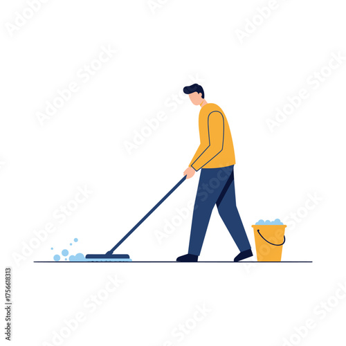 Young caucasian male cleaning the floor with a mop and bucket, depicted in a simple vector illustration. Vector illustration