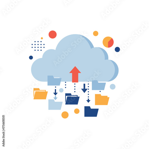 Abstract graphic of a cloud computing concept with colorful folders and data transfer arrows representing upload and download processes. Vector illustration