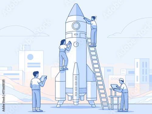Captured in this image is a dynamic team assembling a rocket, emphasizing teamwork, creativity, and the collective pursuit of ambitious goals in a modern context.
