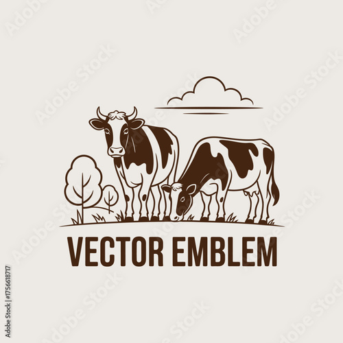 This image depicts two cows grazing peacefully in a scenic farm setting, surrounded by trees and open fields, illustrating the serene beauty of pastoral life and agriculture.