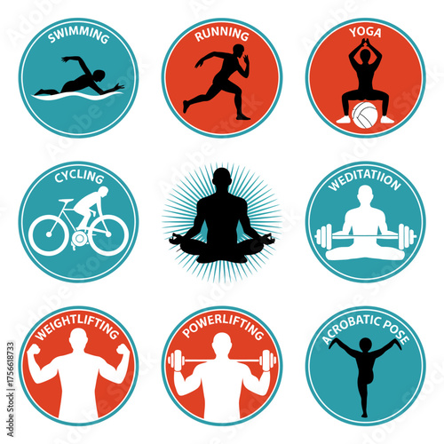 Diverse set of fitness and wellness icons featured in engaging colors, emphasizing various sports and activities to encourage a healthy and active lifestyle for everyone.