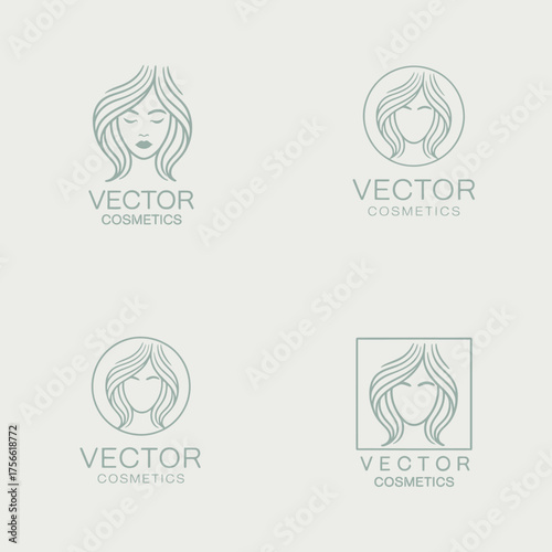 The image displays various logo designs for Vector Cosmetics, showcasing unique interpretations of beauty and femininity through elegant line art and modern aesthetics.