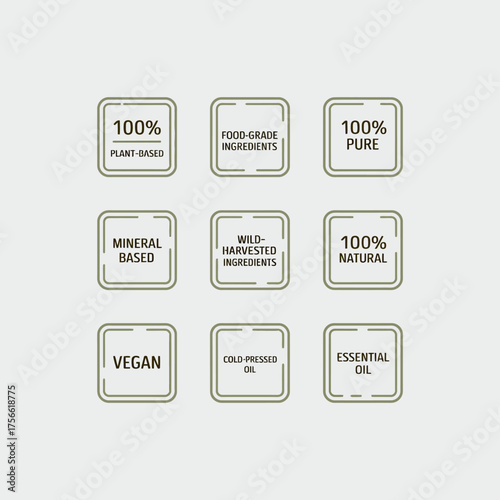 An artistic arrangement of labels representing various natural qualities and attributes, perfect for marketing products emphasizing purity and wellness in ingredients.