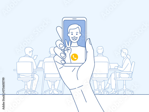 A cheerful individual on a video call interface on a smartphone is shown, with colleagues involved in a meeting around a table, highlighting connections in a digital age.