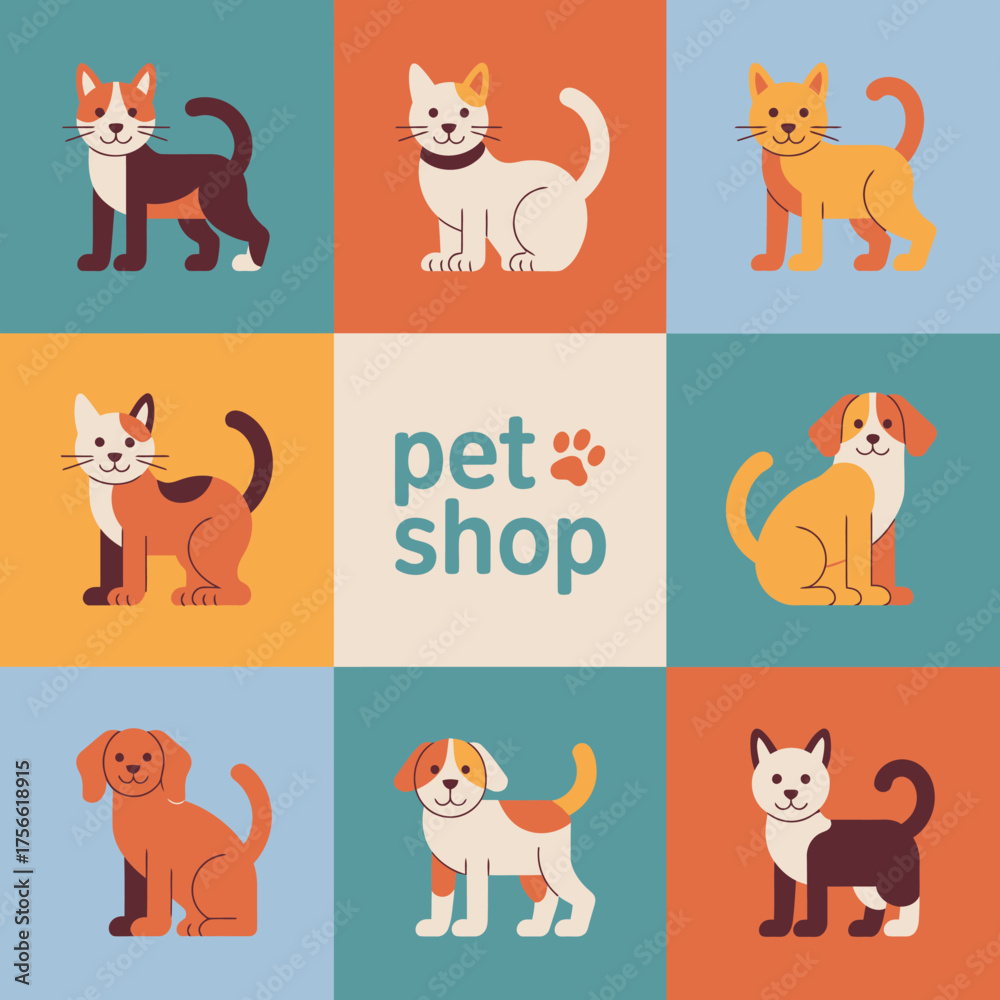 Fototapeta premium A charming illustration featuring playful cats and dogs in different poses, perfect for a pet-related business or promotion focusing on love and joy with pets.
