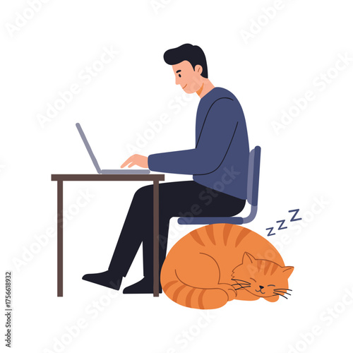 Young adult caucasian male working on a laptop at a desk while an orange cat sleeps peacefully on the floor beside him. Vector illustration