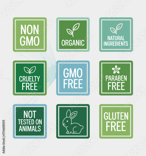 This image showcases a variety of green certification labels emphasizing organic, cruelty-free, and non-GMO attributes, aimed at environmentally conscious consumers.