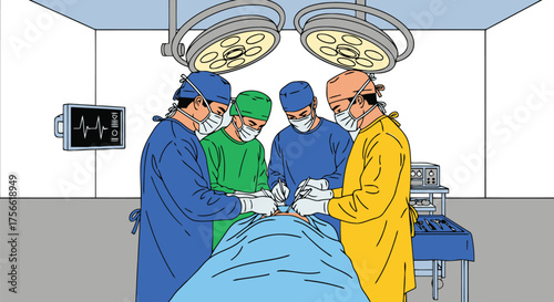 Surgical team performing operation under bright lights