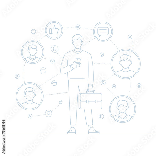 An illustrated figure engages with mobile technology, surrounded by diverse conversational icons, symbolizing modern connectivity and social interaction in today's digital age.