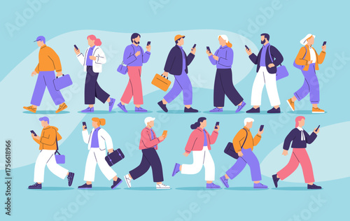 A vibrant illustration of diverse individuals walking and using smartphones, highlighting the modern-day connectivity and technology dependence in a busy urban setting.