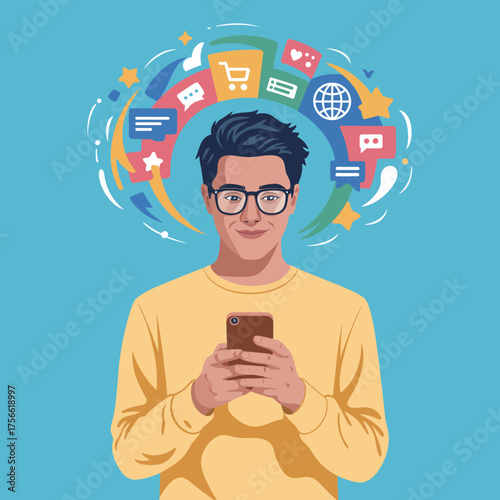 A man smiles at his smartphone while surrounded by vibrant icons representing social media, shopping, and digital interactions, highlighting the digital age of connectivity and engagement.