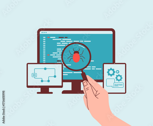 A hand holding a magnifying glass focusing on a bug icon while multiple screens display coding elements, representing the process of debugging in programming.