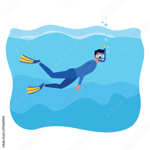 Male snorkeler in a blue wetsuit and fins swimming underwater with a snorkel and mask in a vibrant blue sea. Vector illustration
