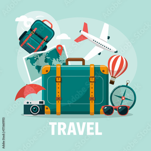 This vibrant travel-themed image showcases essential items such as luggage, cameras, and travel maps, perfect for inspiring wanderlust and adventure.