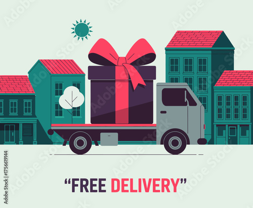 A stylized delivery truck featuring a large gift box is showcased amidst a minimalist urban setting, highlighting themes of commerce and the convenience of delivery services.