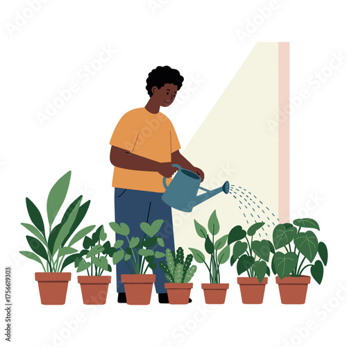 African adult male watering various potted houseplants with a blue watering can in a bright indoor setting. Vector illustration