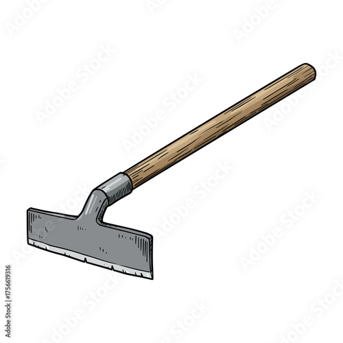 Hand-drawn gardening hoe with a wooden handle and a metal blade facing down, suitable for farming and cultivation tasks. Vector illustration