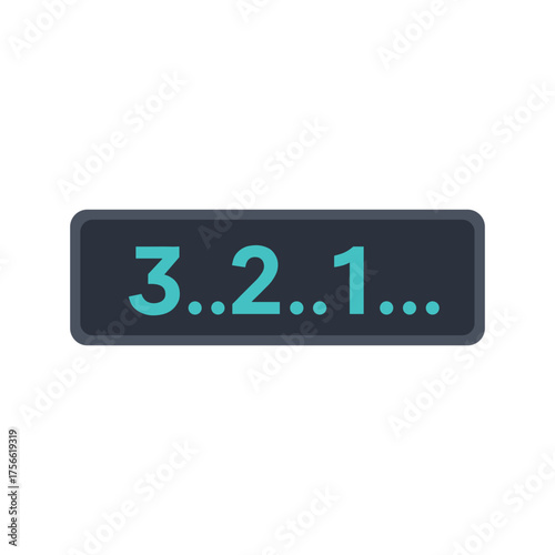 Rectangular countdown sign with turquoise numbers 3, 2, 1 on a dark background, symbolizing anticipation or preparation. Vector illustration