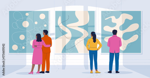 This image captures couples admiring colorful abstract art in a gallery, highlighting the emotional connection and joy that art brings to relationships and experiences.