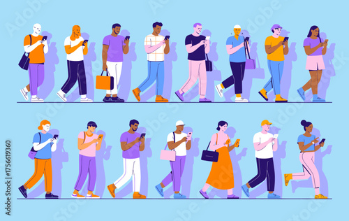 A vibrant scene showcases a diverse group of individuals walking and attentively using their smartphones, highlighting today's social interactions and reliance on technology.