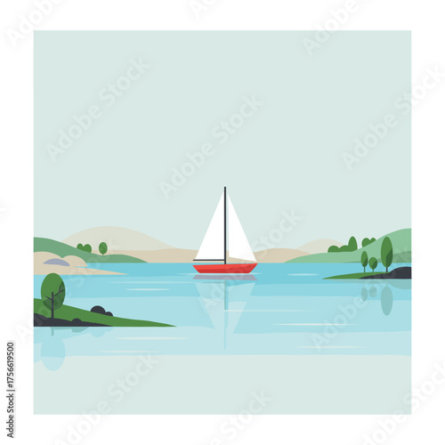 A white sailboat with a red hull glides on calm blue waters surrounded by gently rolling green hills and sparse trees. Vector illustration