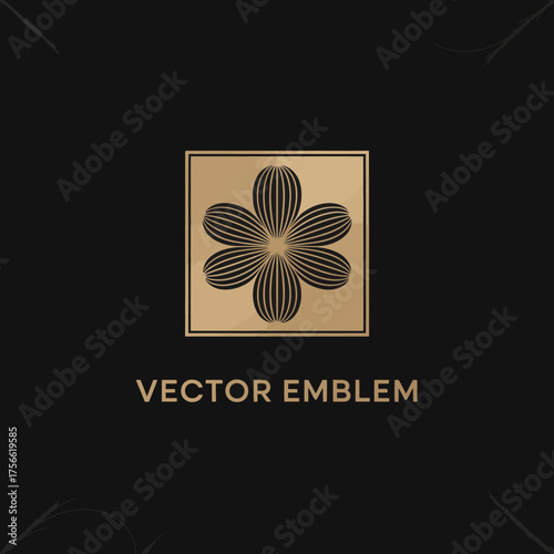 A contemporary vector emblem features a stylized floral design in gold, set against a black background, perfect for branding or marketing emphasizing sophistication.