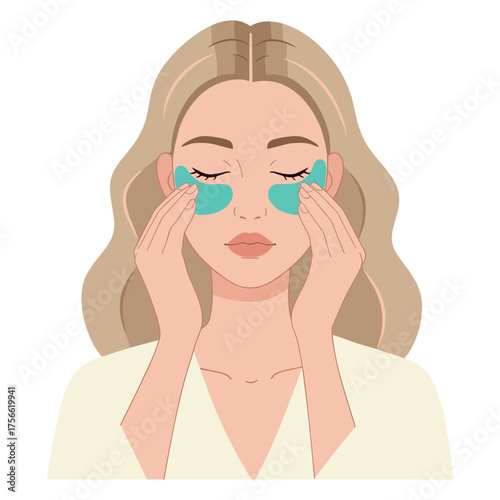 Caucasian woman with closed eyes applying soothing skincare patches under her eyes, highlighting a self-care beauty routine. Vector illustration