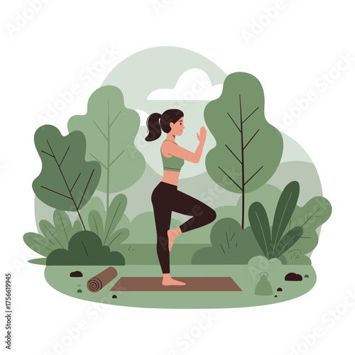 Young caucasian female practicing yoga in tree pose on a mat surrounded by lush green trees and bushes, creating a serene outdoor setting. Vector illustration