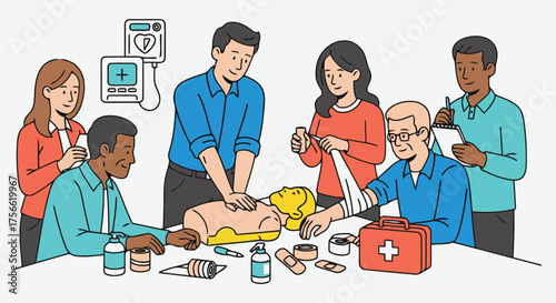 People practicing cpr and first aid with medical supplies