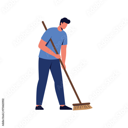Male figure in casual attire sweeping with a broom, representing tidiness and domestic chores. Vector illustration