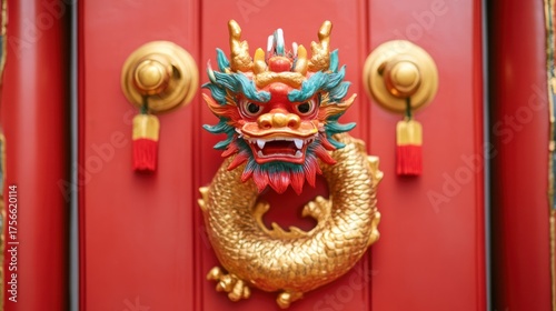 Decorative dragon door knocker on vibrant red Chinese temple door