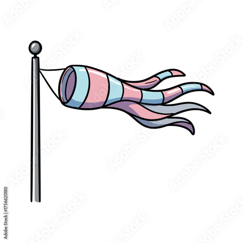 Colorful windsock with blue and pink stripes attached to a tall pole, fluttering in the wind, symbolizing wind direction and speed measurement. Vector illustration