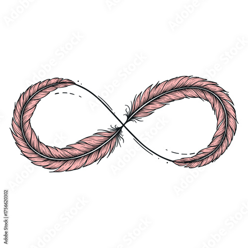 Pink and black feather illustration forming an infinity symbol, delicately detailed with soft strokes and dotted lines. Vector illustration