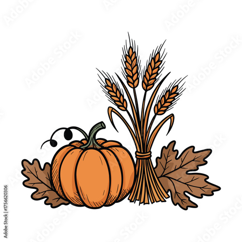Harvest-themed illustration featuring a plump orange pumpkin, a bundle of wheat stalks, and autumn leaves adorned with berries. Vector illustration
