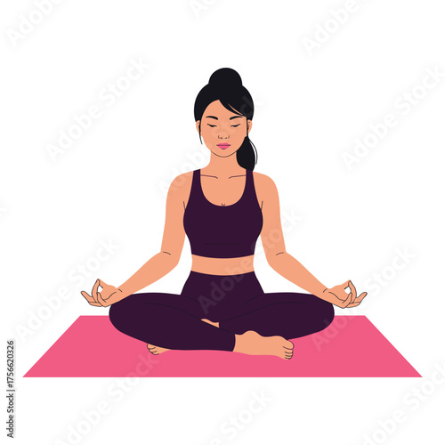 Asian young female practicing yoga in a seated lotus pose on a pink mat, with eyes closed and hands in a mudra position. Vector illustration