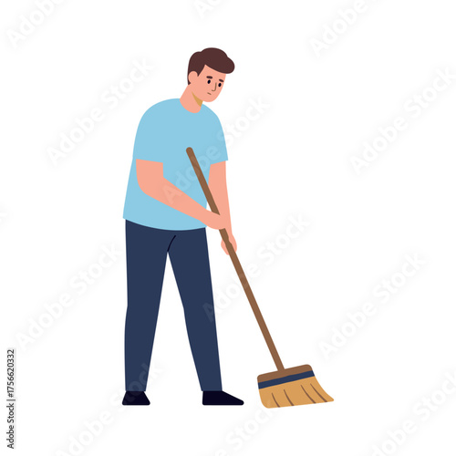Young caucasian male sweeping the floor with a broom, wearing a blue shirt and dark pants, focused on cleaning. Vector illustration