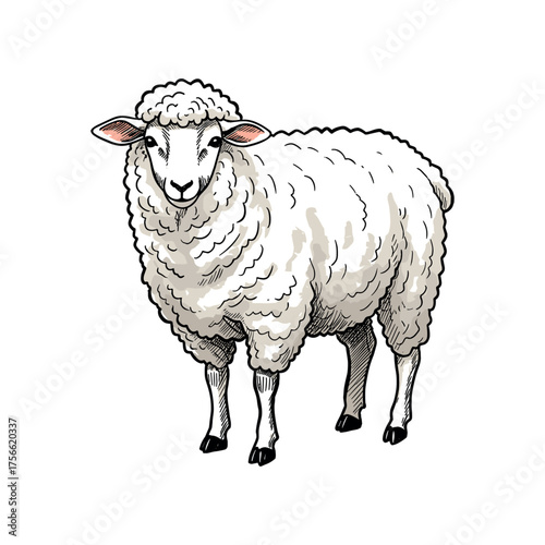 Detailed hand-drawn illustration of a standing sheep with a thick, curly wool coat and attentive expression. Vector illustration
