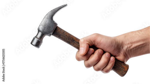 Hand holding hammer hitting nail Transparent background, PNG file