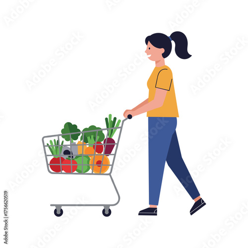 Caucasian young female pushing a shopping cart filled with various colorful vegetables, including broccoli, peppers, and carrots. Vector illustration