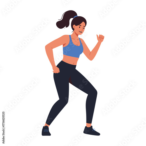 Athletic young caucasian female in activewear, energetically jogging with a confident expression and ponytail, conveying a sense of fitness and vitality. Vector illustration