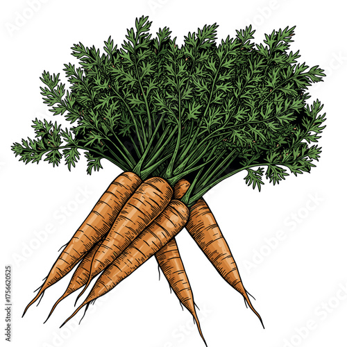 Bunch of orange carrots with green leafy tops, depicting fresh produce in a realistic style. Vector illustration