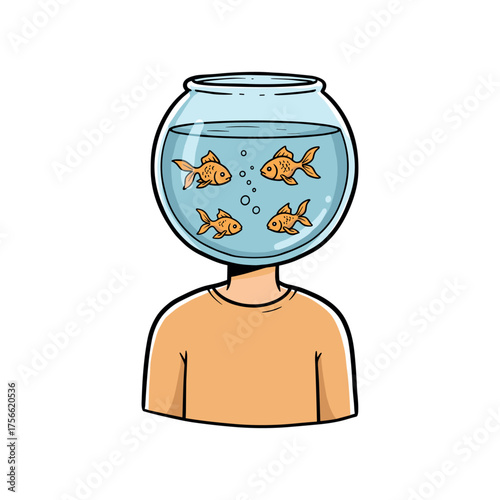 Surreal artwork depicting a person with a fishbowl on their head, containing four orange goldfish swimming inside. Vector illustration