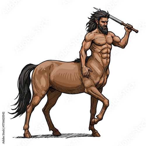 Mythical centaur with a muscular male upper body and horse lower body, holding a sword and depicted with long black hair and beard. Vector illustration