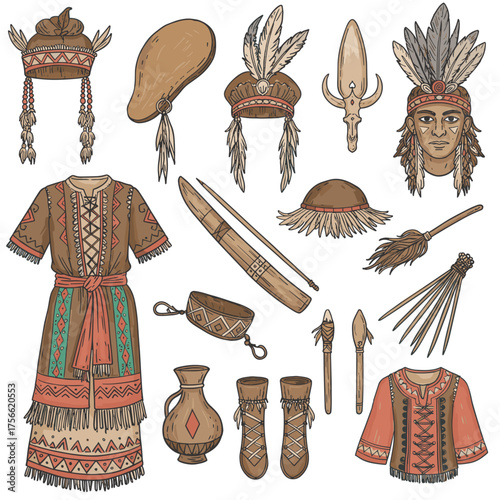 Traditional native american clothing and artifacts including headdresses with feathers, tribal dresses with patterns, and various ceremonial tools. Vector illustration