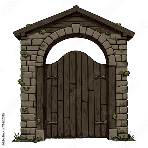 Stone archway gate with wooden doors and metal hinges, surrounded by green moss and grass details for a rustic appearance. Vector illustration